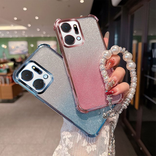 Luxuriöse TPU-Handyhülle mit Gradient Glitter und Perlenketten-Handschlaufen für Huawei Honor X7a Play 7T in Pink - Bild 1