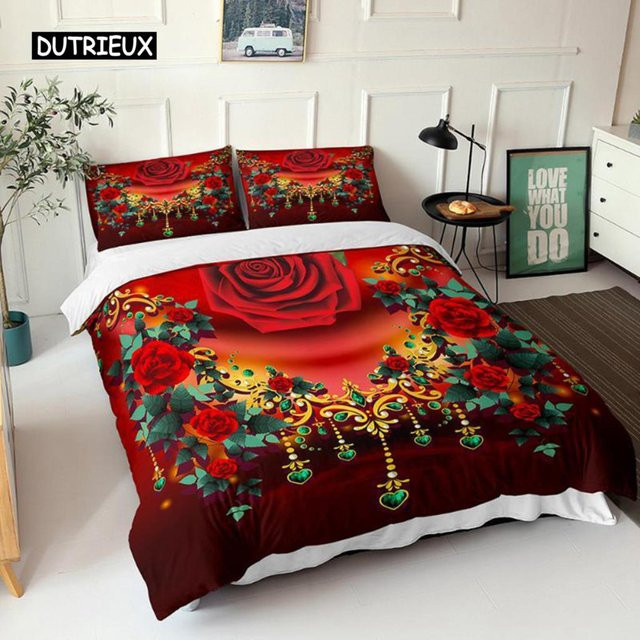 Bettwäscheset mit rotem Rosenmuster aus Mikrofaser, bestehend aus Bettbezug und Kissenbezug, B/H: 135 x 200 cm - Bild 1