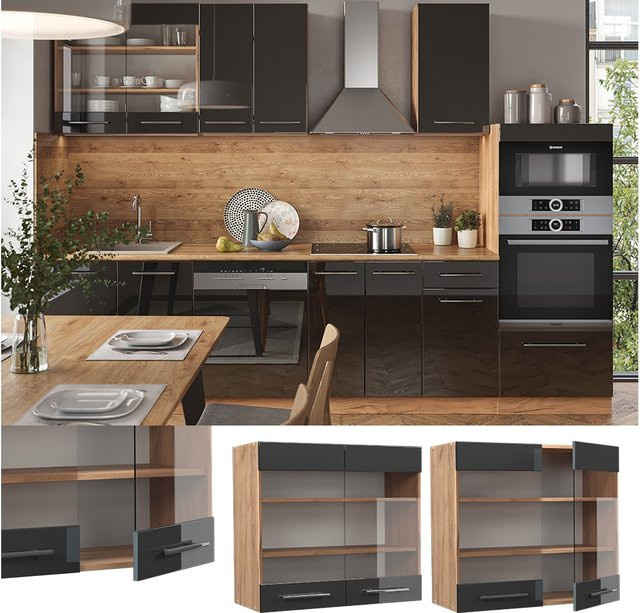 Vicco Küchen-Hängeschrank Fame-Line in Eiche und Anthrazit mit Glastüren und Softclose-Funktion, Breite: 80 cm - Bild 1
