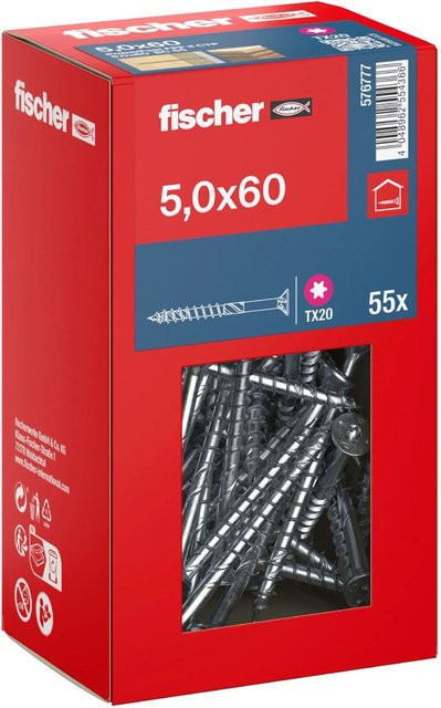 Fischer PowerFast II Senkkopf TX Teilgewinde Schraube aus verzinktem Stahl, Farbe: Silber, Durchmesser: 5 mm, Länge: 60 mm, 55 Stück - Bild 1