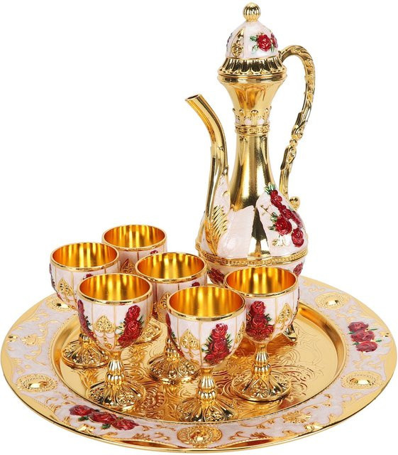 Vintage Weinkrug-Set mit Tablett aus Zinklegierung und Keramik in Beige und Gold mit floraler Schnitzerei - Bild 1