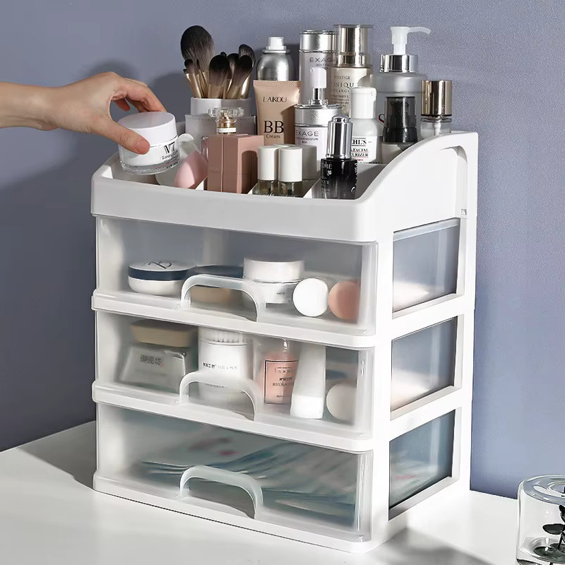Transparenter Kosmetik-Aufbewahrungsorganizer aus Kunststoff mit 4 Schichten und 3 Schubladen für Make-up und Hautpflege, Weiß/Transparent, Breite: 23,3 cm, Tiefe: 26,8 cm - Bild 2
