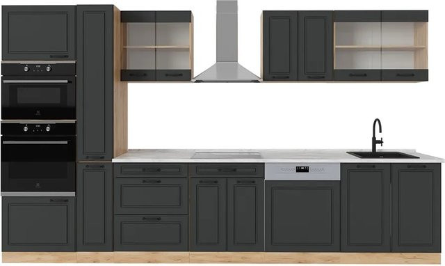 Vicco R-Line Küchenzeile Landhausstil in Anthrazit und Eiche mit Marmor-Optik, Breite: 350 cm - Bild 1
