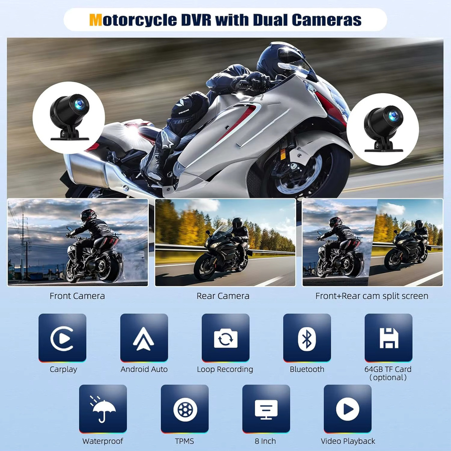 Srnubi Tragbares Motorrad GPS-Navigationssystem mit 8,1 Zoll Display, Wireless CarPlay und Android Auto, IPX7 wasserdicht, Schwarz - Bild 2