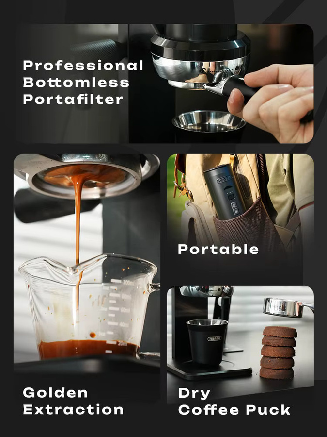 HiBREW H4C Max Tragbare Kaffeemaschine mit kabelloser Heizfunktion und 58-mm-Bodenlosem Siebträgerständer für Zuhause, Büro und Camping - Bild 2