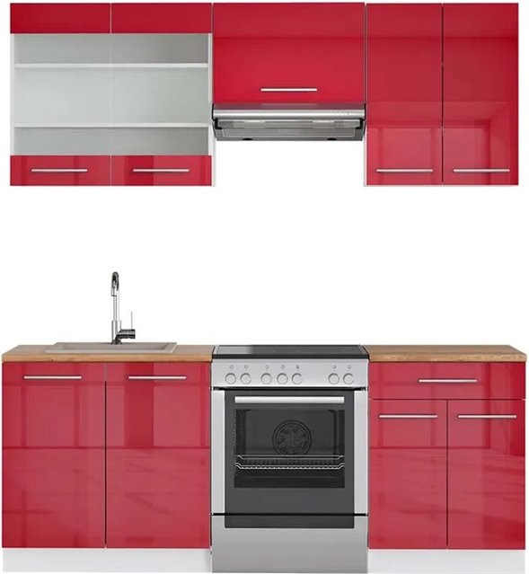 Vicco Fame-Line Küchenschränke Bordeaux Hochglanz und Weiß mit Eiche-Optik, Breite: 200 cm - Bild 1