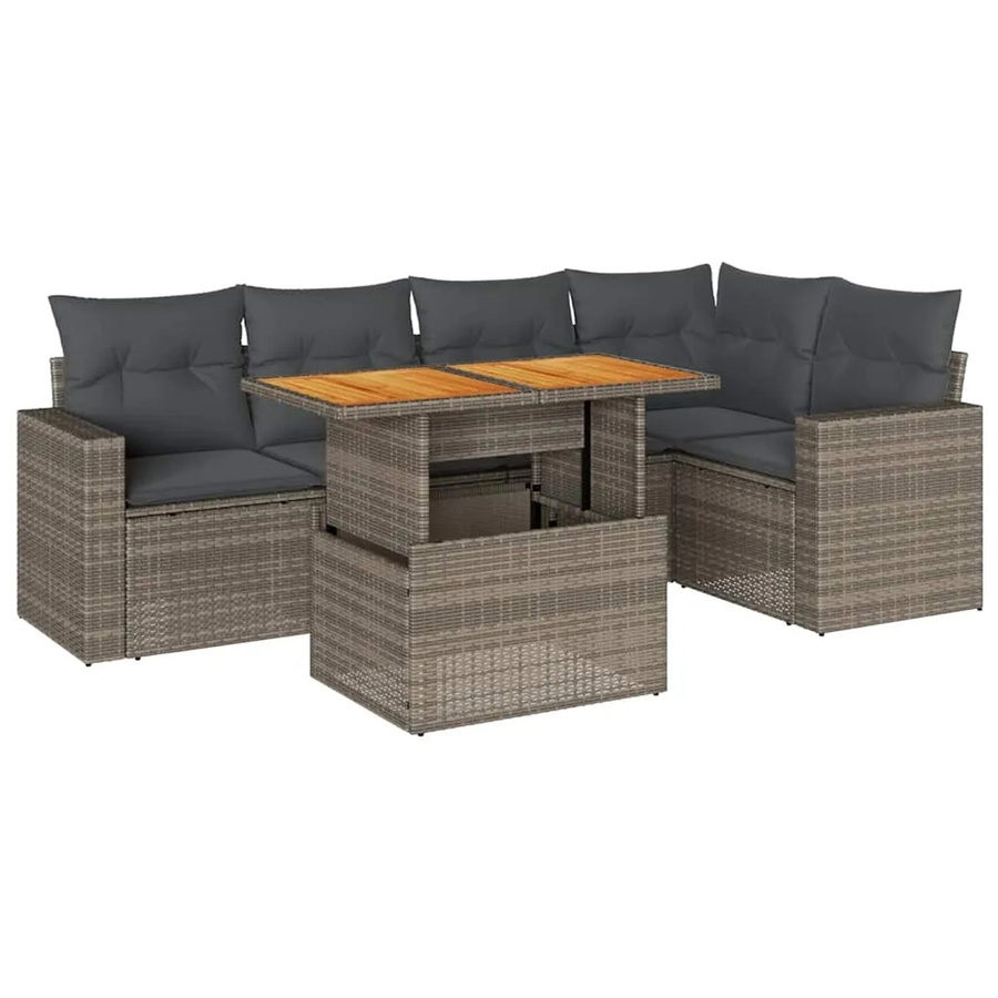 vidaXL 6-teilige Garten-Sofagarnitur aus Poly-Rattan und Akazienholz in Grau mit Kissen - Bild 2