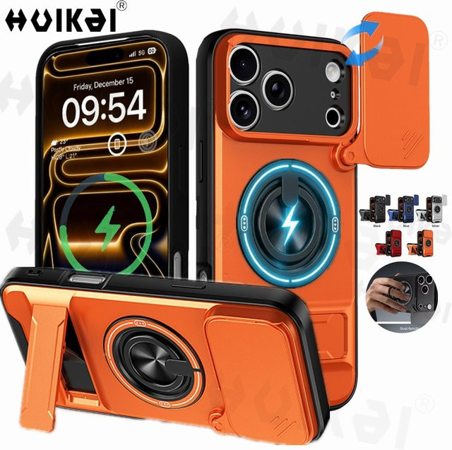 Huikai Magnetische Handyhülle mit Schiebe-Kamera-Schutz und Aufrechter Ständer für iPhone 17 Pro Max 16 Pro Max 15 14 13 in Orange - Bild 1