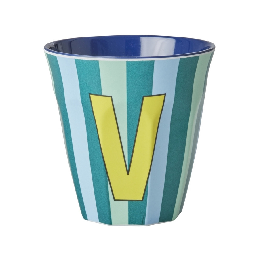 Rice Melamin Becher Buchstabe V mit Streifen in Blau, 250 ml - Bild 1