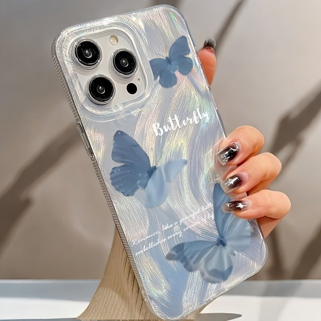 Transparente iPhone Hülle mit blauem Schmetterling und Aurora Borealis Wellendesign - Bild 1