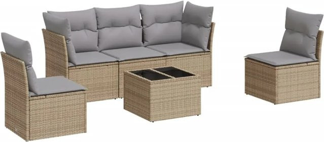 vidaXL 6-teilige Garten-Sofagarnitur in L-Form aus Poly-Rattan mit Tisch und Kissen, Beige-grau - Bild 1