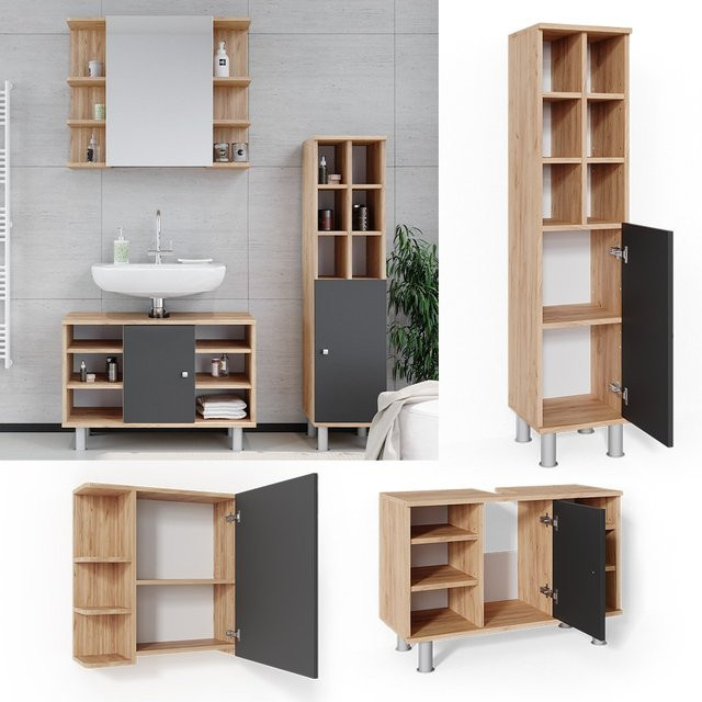 Vicco Badmöbel Set Fynn in Eiche und Anthrazit bestehend aus Spiegelschrank, Waschbeckenunterschrank und Hochschrank - Bild 1