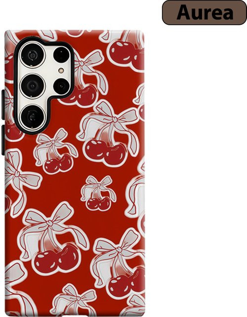 Stoßfeste Doppelschicht Handyhülle mit rotem Kirsch-Schleifen-Design für Samsung Galaxy S25 Ultra, S24, S23 Ultra und Plus - Bild 1