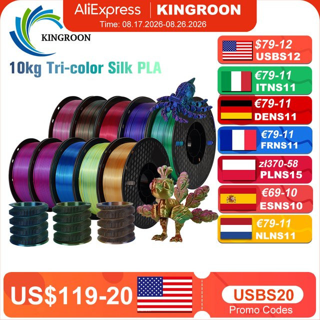 KINGROON Seiden PLA Filament 1,75 mm Dreifarbig (Rot, Gold, Blau) 1 kg Rolle für FDM 3D-Drucker - Bild 1