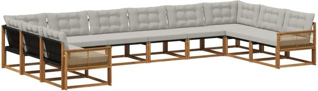 vidaXL Outdoor-Sofagarnitur in U-Form aus massivem Akazienholz mit 10 Kissen in Natur und Hellgrau - Bild 1