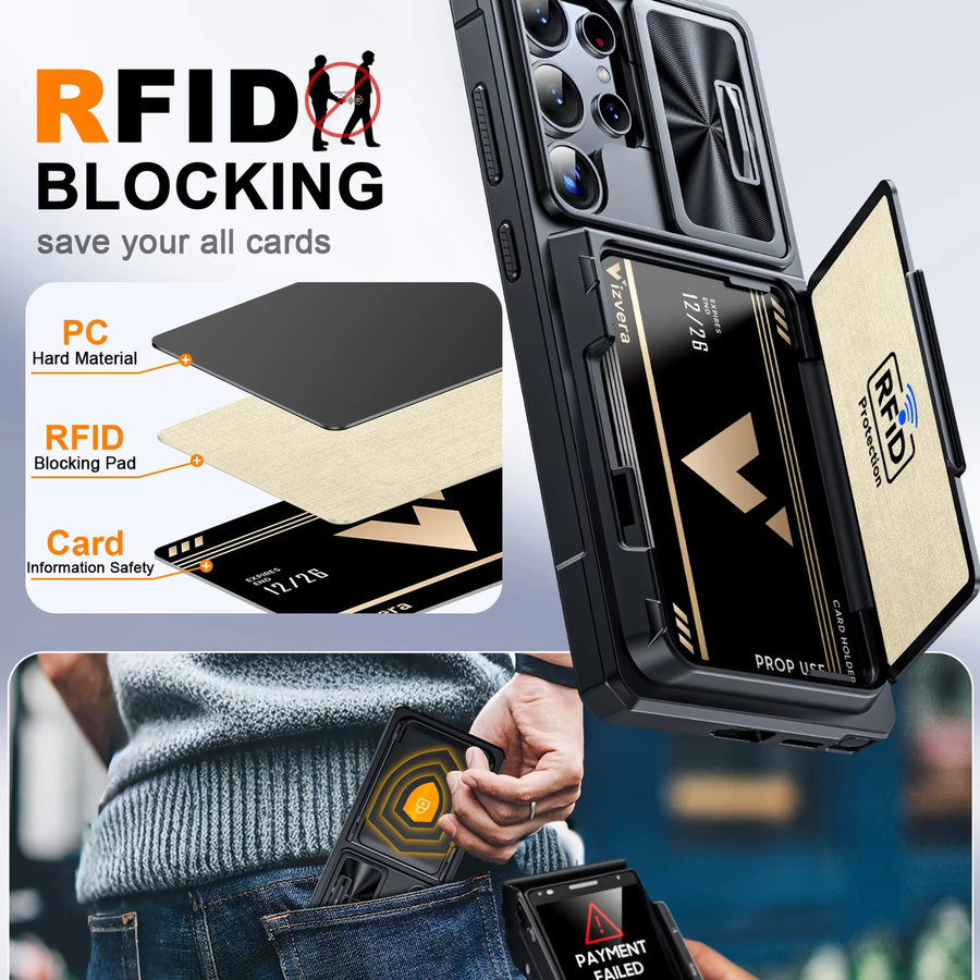 Robuste stoßfeste Schutzhülle mit Kameraabdeckung und RFID-Blockierung Kartenhalter für Samsung Galaxy S25 Ultra in Schwarz - Bild 3
