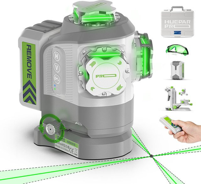Huepar Pro 3D Laser-Nivelliergerät mit grüner Laserlinie und schwenkbarer Punktfeineinstellung für überlegene Genauigkeit ±2mm - Bild 1