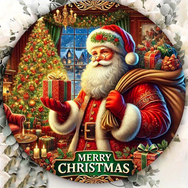 Potdemiel Vintage Weihnachtsmann Wandkunstschild aus Metall, rund, multicolor, Durchmesser: 20 cm - Bild 1