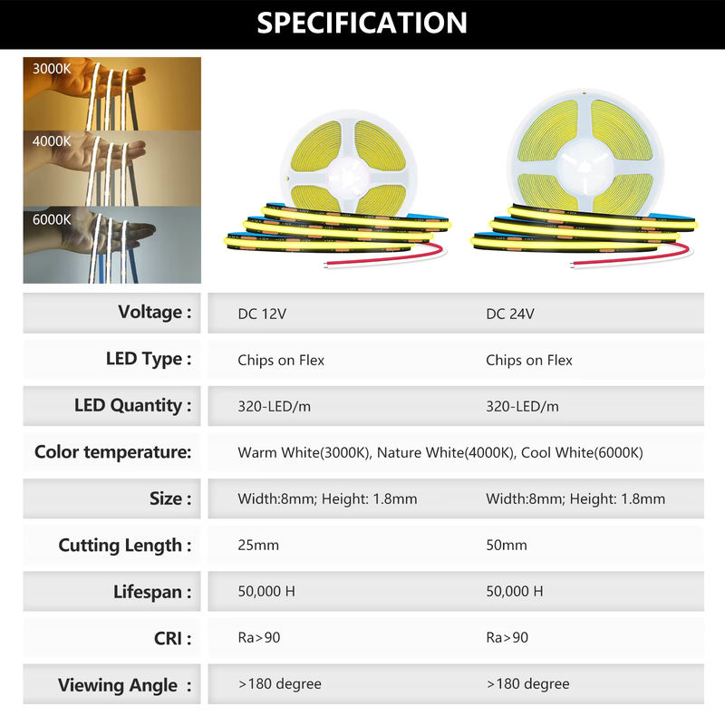 GAHADA COB-LED-Streifen mit schwarzer Leiterplatte, flexibles LED-Band mit 320 LEDs für lineare Beleuchtung, 8 mm Breite - Bild 6