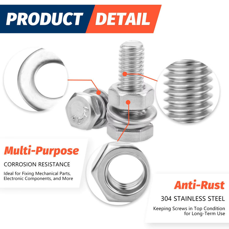 SANJODS Metrisches Bolzenset aus Edelstahl in Silber mit Sechskantschrauben, Muttern sowie flachen und Sicherungsscheiben (M4, M5, M6) - Bild 3