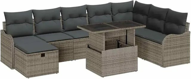 vidaXL Garten-Sofa-Set aus Polyrattan in Grau, 9-teiliges Outdoor-Möbelset mit 3-Sitzer-Sofa, Eckelement, Couchtisch und integriertem Kissen-Stauraum - Bild 1