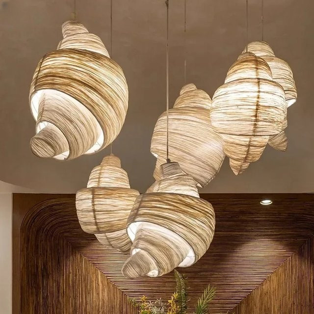 JIANKEXING Designer Simplicity Conch LED-Pendelleuchte aus handgeknüpftem Rattan in Beige mit warmweißem Licht - Bild 1