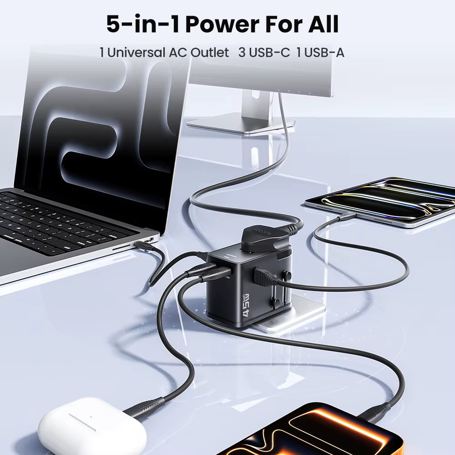 Toocki Universal-Reiseadapter GaN Schnellladegerät mit PD 45W USB-C, Schwarz, inkl. EU/UK/USA/AUS-Stecker - Bild 3