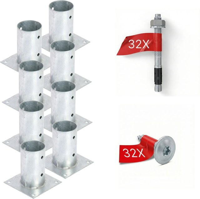 HOLLMAX Pfostenträger Set aus verzinktem Stahl, 8 Stück Aufschraubhülsen für Rundholzpfosten, Silber, 80 mm - Bild 1