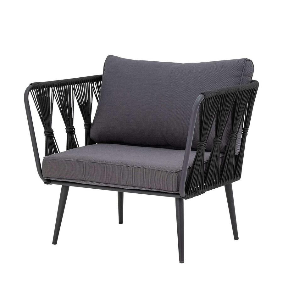 Bloomingville Lounge Stuhl Pavone in Schwarz mit Armlehnen und Polsterkissen aus Metall und Polyesterseil - Bild 1