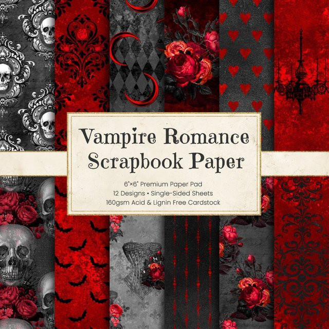 Vintage Gothic Scrapbook-Papier in Schwarz mit Vampir- und Skelett-Motiven für Bastelarbeiten, 6 Zoll - Bild 1