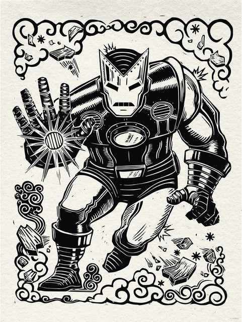 Komar Wandbild Marvel Iron Man Lino-Cut Paper Poster Schwarz-Weiß, Breite: 30 cm, Höhe: 40 cm - Bild 1