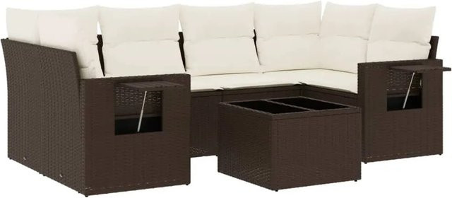 vidaXL 7-teilige Garten-Sofagarnitur in L-Form mit Kissen, Braun, Polyrattan und pulverbeschichtetem Stahl - Bild 1