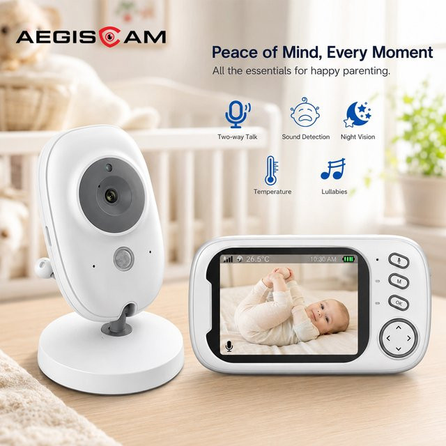 Aegiscam Video-Babyphone mit 3,5-Zoll-Display, Infrarot-Nachtsicht, Zwei-Wege-Kommunikation, Temperaturüberwachung und Geräuscherkennung, Weiß - Bild 1