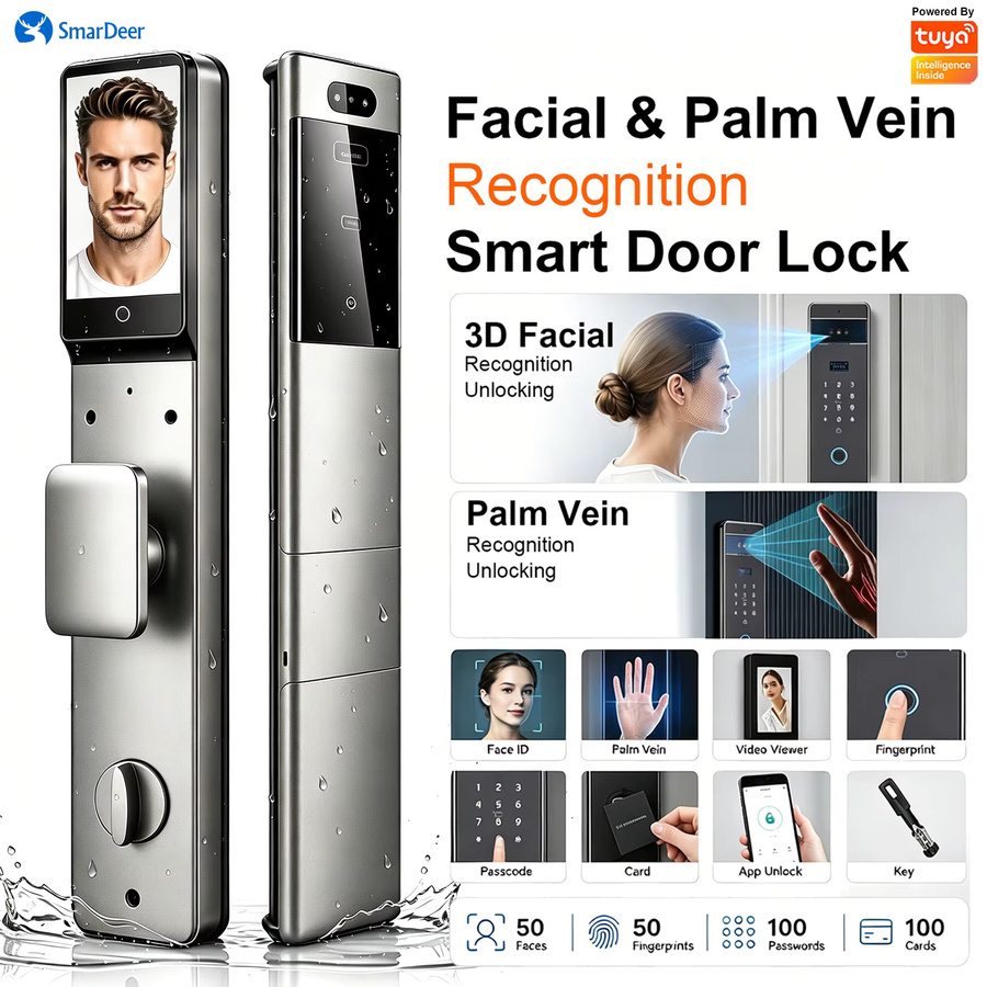 SmarDeer Smart Door Lock mit 3D-Gesichts- und Handvenenerkennung, IP66 wasserdicht, ultradünnes elektronisches Türschloss in Silber - Bild 5