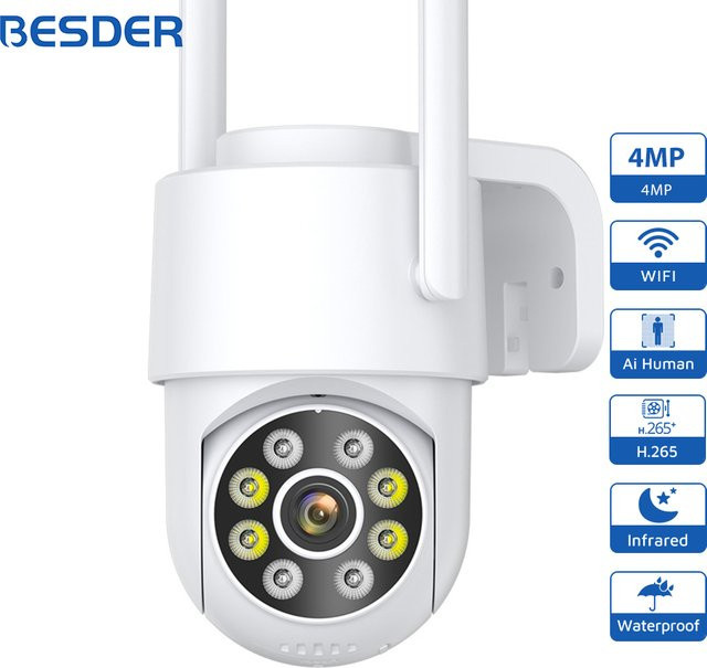 BESDER PTZ Outdoor Wifi Überwachungskamera mit 4MP Auflösung, Auto Tracking und menschlicher Erkennung, iCSee App, Weiß - Bild 1