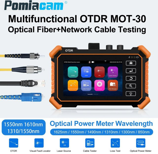 POMIACAM MOT-30 OTDR Glasfaser-Tester mit 4-Zoll Display, Optisches Reflektometer für 1310/1550/1610nm inklusive OPM, VFL und Eventmap, Tragbares professionelles Werkzeug für Kabeltests - Bild 1
