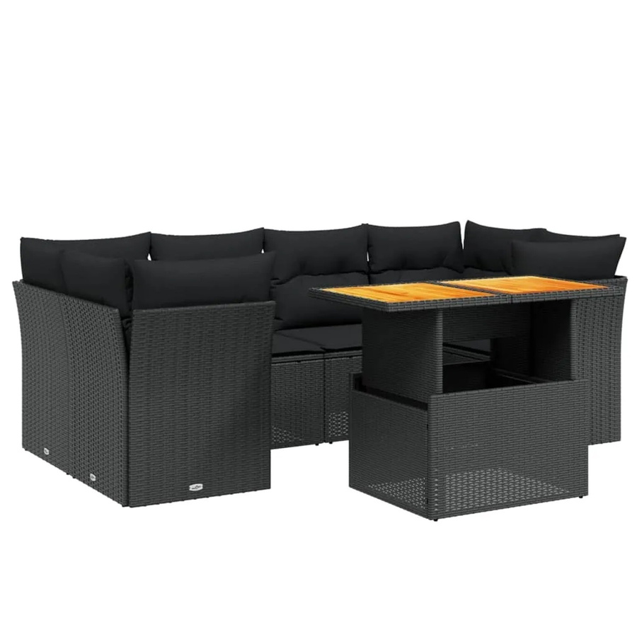 vidaXL 7-teilige Garten-Sofagarnitur aus Poly-Rattan und Akazienholz in Schwarz mit Kissen - Bild 2