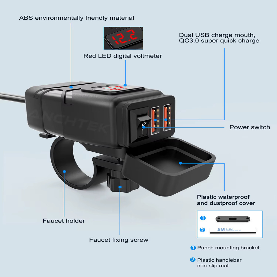 Anchtek Motorrad USB Ladegerät QC3.0 mit Voltmeter und USB-C Anschluss, Wasserdichte 12V Steckdose Adapter in Schwarz - Bild 3