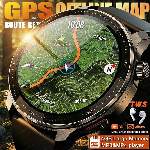 GUHUAVMI GPS Sport Smartwatch für Herren mit 4GB Speicher, AMOLED Display und Musik-Video-Player, Wasserdicht, in Schwarz oder Blau - Bild 1