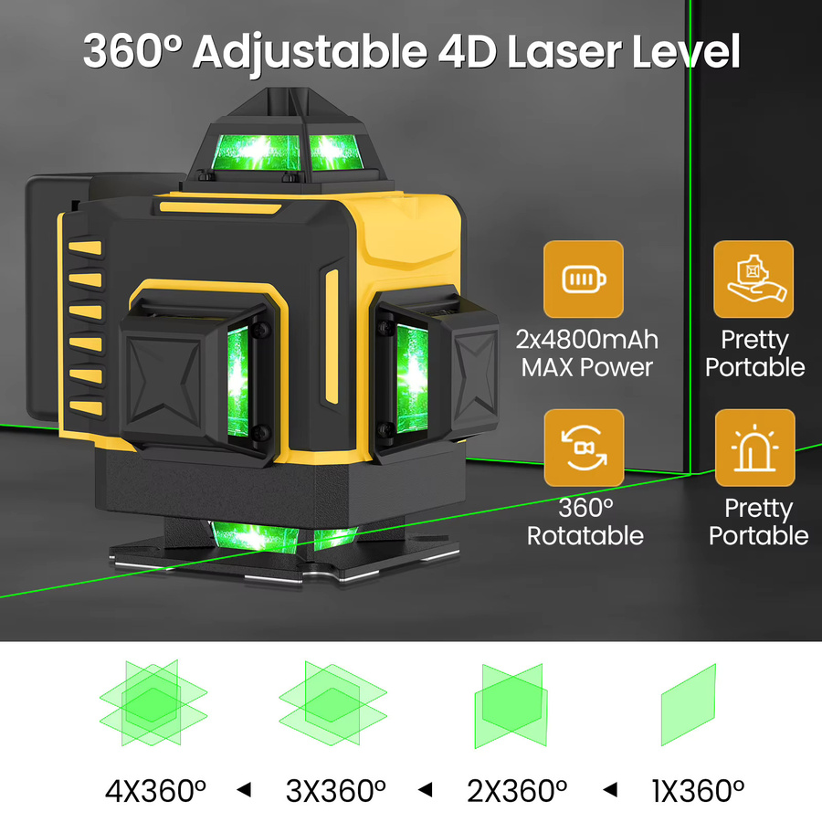 Professionelles 4D-Laser-Nivelliergerät mit 16 Linien in Grün, selbstnivellierend, 360 Grad horizontal und vertikal, Laserinstrument für Renovierung und Innendekoration - Bild 6