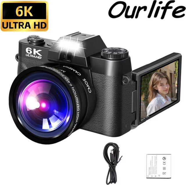 Ourlife 6K Kompakte Digitalkamera mit 64MP, 16X Digitalzoom, 3 Zoll 180° Flip-Screen und WLAN in Schwarz - Bild 1