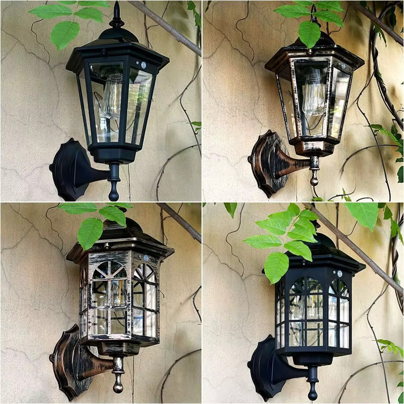 QHSPE Solar-Wandleuchte im Retro-Stil mit Bewegungsmelder, wasserdichte Außenlaterne aus Metall und Glas in Schwarz für Garten, Flur und Durchgang - Bild 2