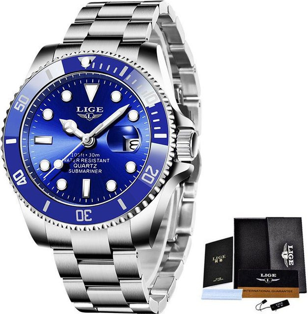 LIGE Armbanduhr, Quarz, Edelstahl, Blau, Silber, Herren - Bild 1