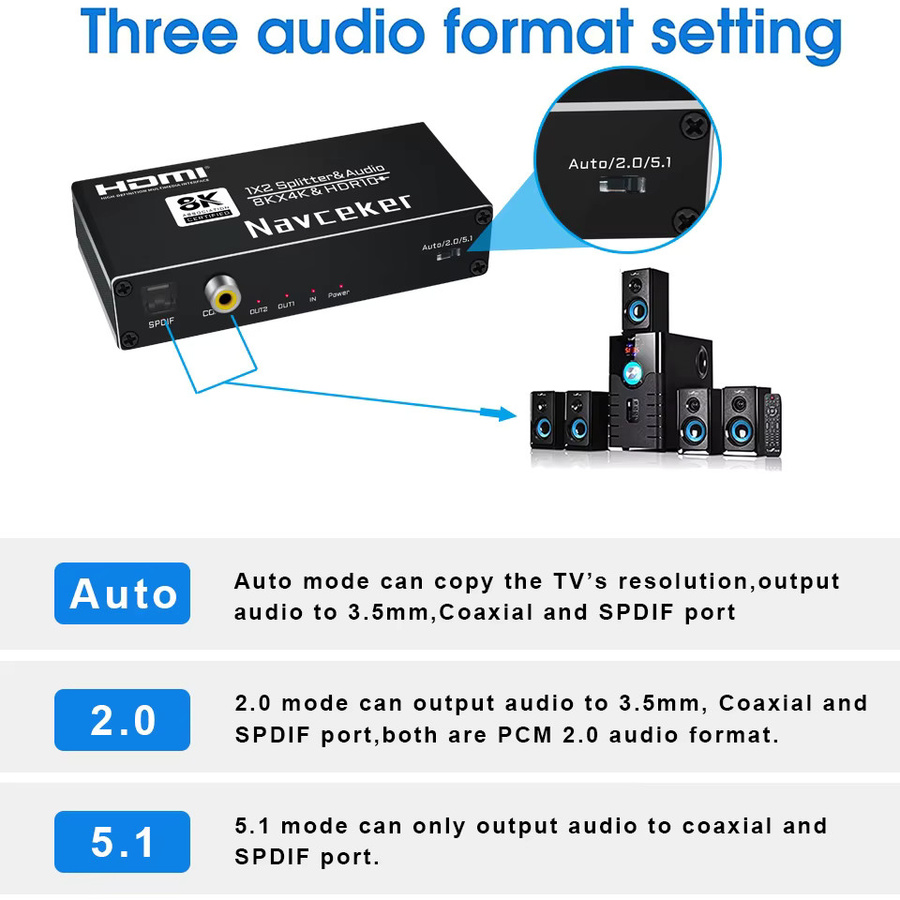 Navceker HDMI Splitter 1x2 und Audio Extractor in Schwarz mit optischem Ausgang für 8K, 4K 120Hz, kompatibel mit Apple TV, Xbox und PS5 - Bild 4