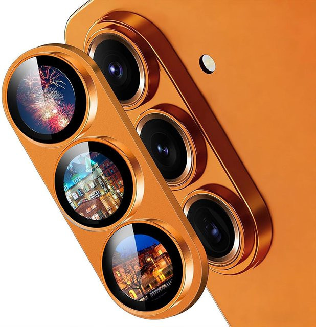 Metall-Hartglas-Kameraschutz für Samsung Galaxy S26+ in Schwarz und Orange - Bild 1