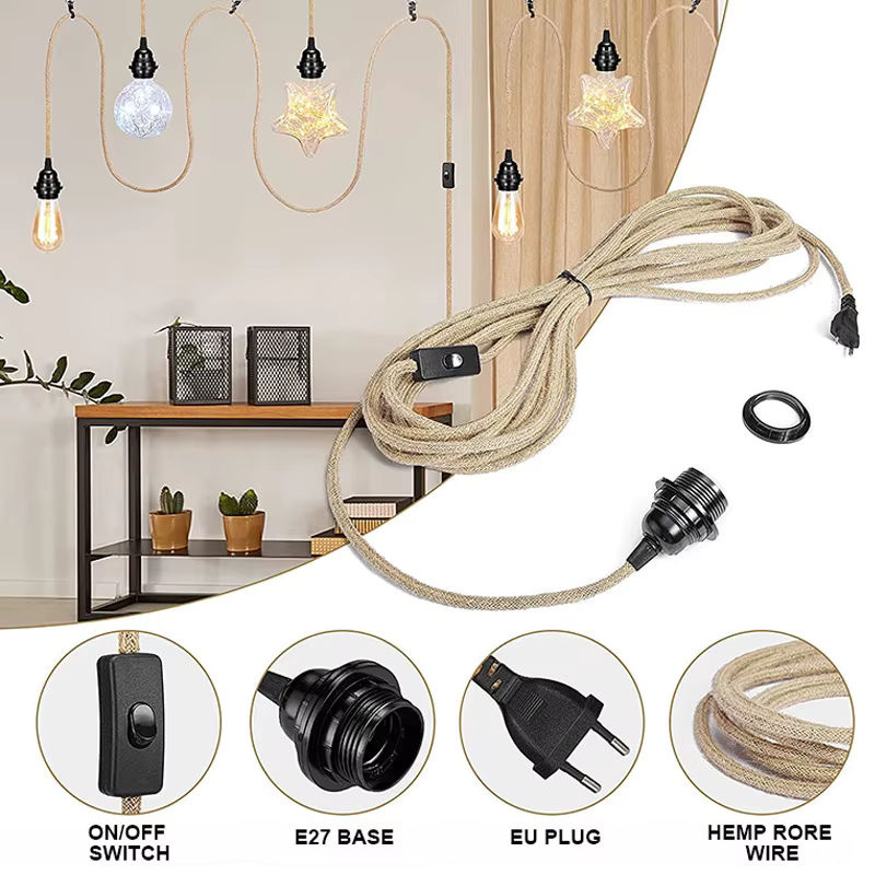 Genixgreen DIY Vintage Lampenkabel mit E27 Kunststoffsockel und Schalter, gedrehtes Seil-Elektrokabel mit 2 Kernen - Bild 2