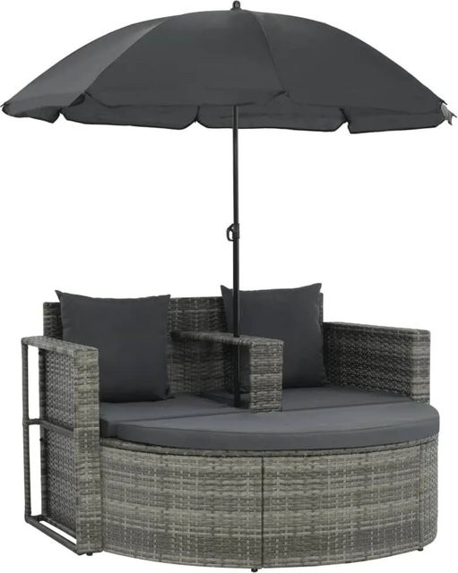 vidaXL Garten-Sofagarnitur aus grauem Poly-Rattan mit 2-Sitzer-Sofa, Fußstütze und Sonnenschirm - Bild 1