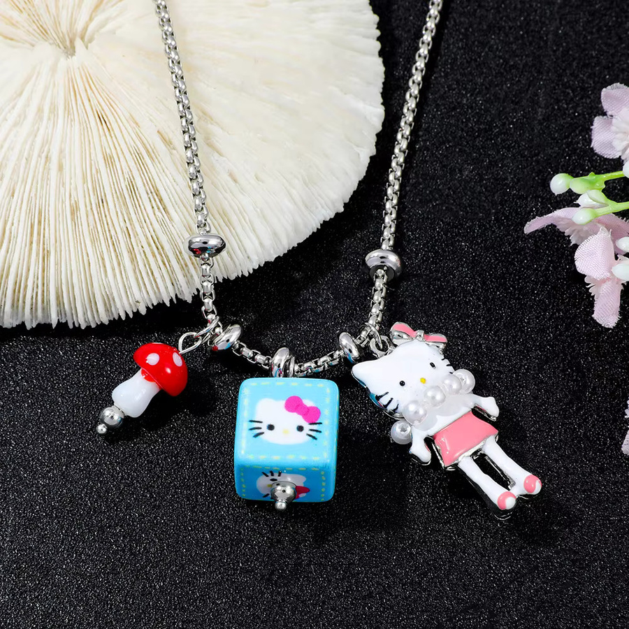 Bandai Halskette mit Katzen-Anhänger, Pilz- und Quadrat-Charms, Silber, Kinder - Bild 3