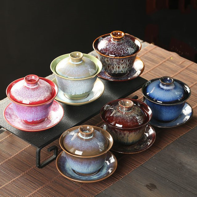 Keramik Teetasse in Blau mit gebürstetem Design - Bild 1