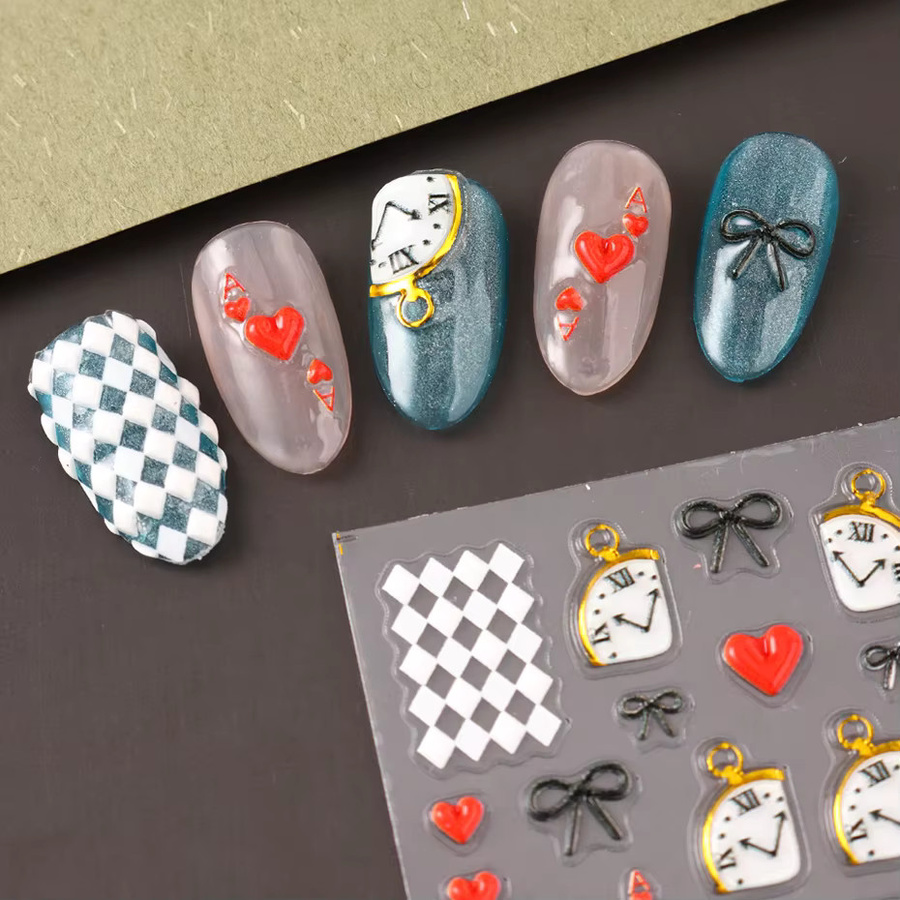 Retro-Uhr-Nagelkunst-Aufkleber, 5D Schleife und Liebesherz-Design - Bild 3
